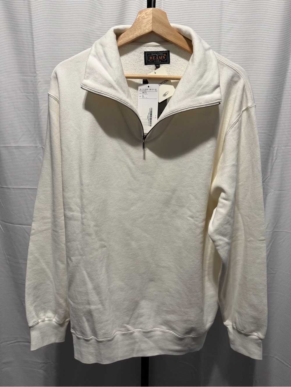 Beams+ Plus Half Zip Placket Sweatshirt Sz XL Relaxed White French Terry Cotton